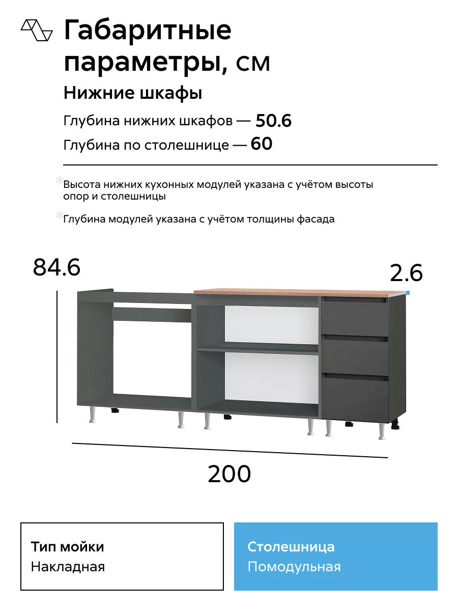 Кухонный гарнитур прямой Нонтон Челси, графит, со столешницей, 200 см